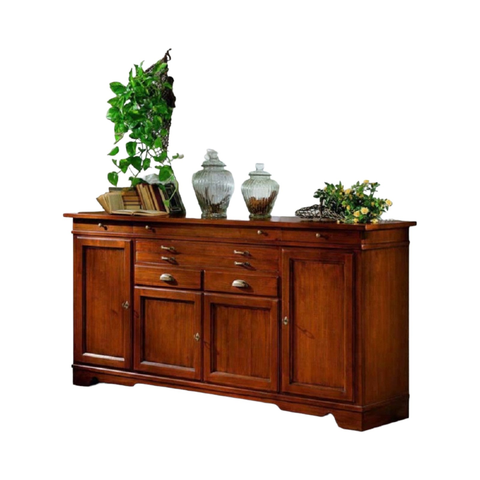 Madia credenza in legno massello 4 porte 7 cassetti tinta noce l.222 p.52 h.108 - Mobili 2G