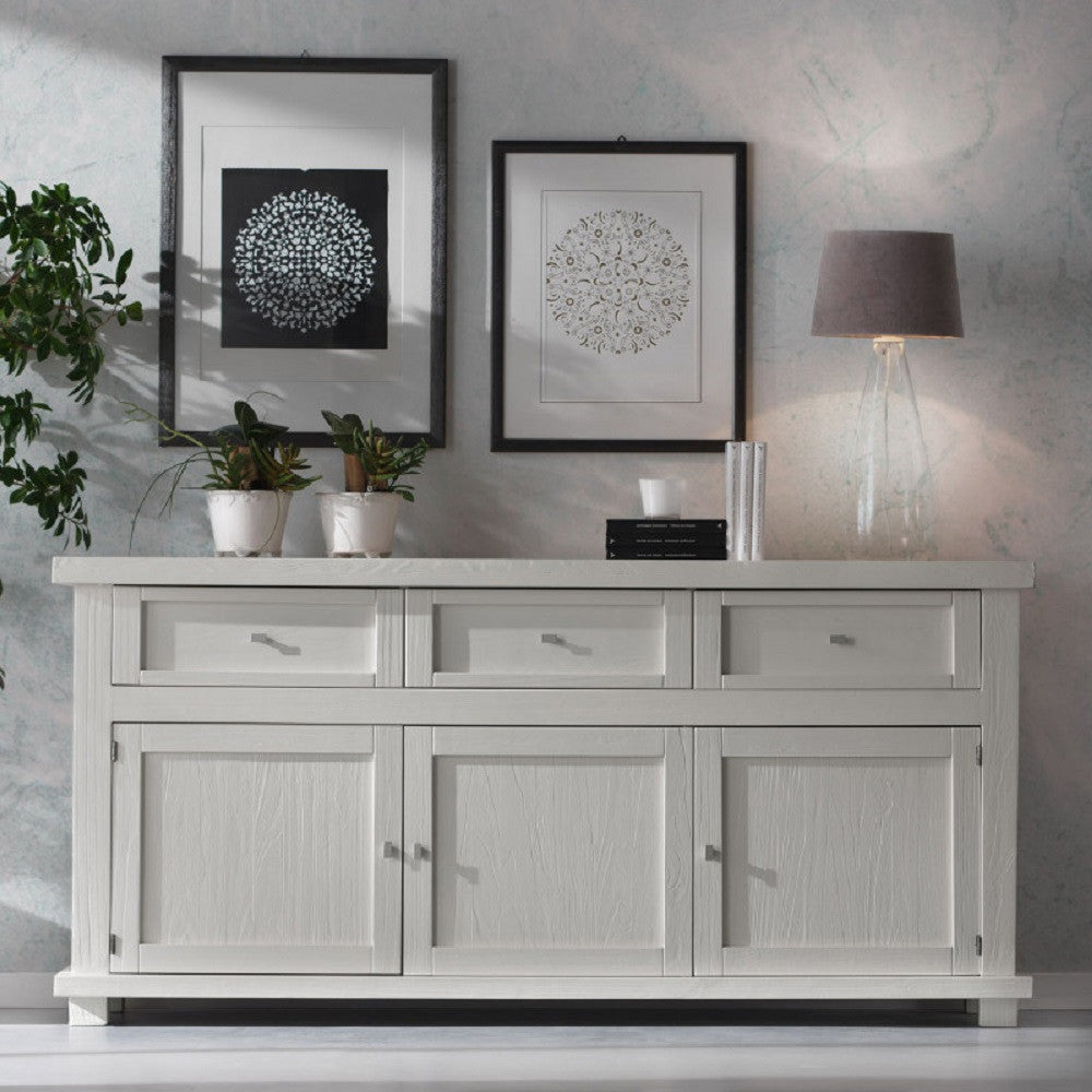 Madia credenza shabby in legno massello 3 porte bianco opaco l.180 p.45 h.86 - Mobili 2G