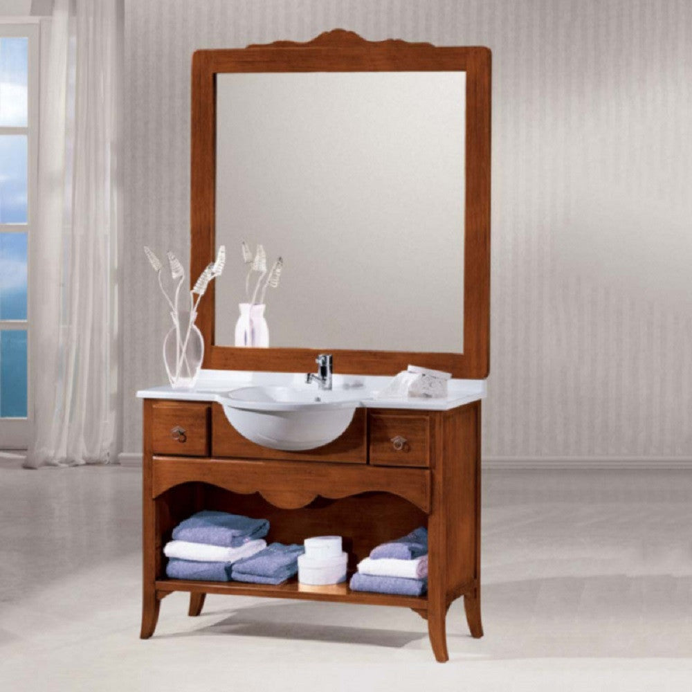 Mobile bagno 108 cm in legno lavabo 2 cassetti e specchio