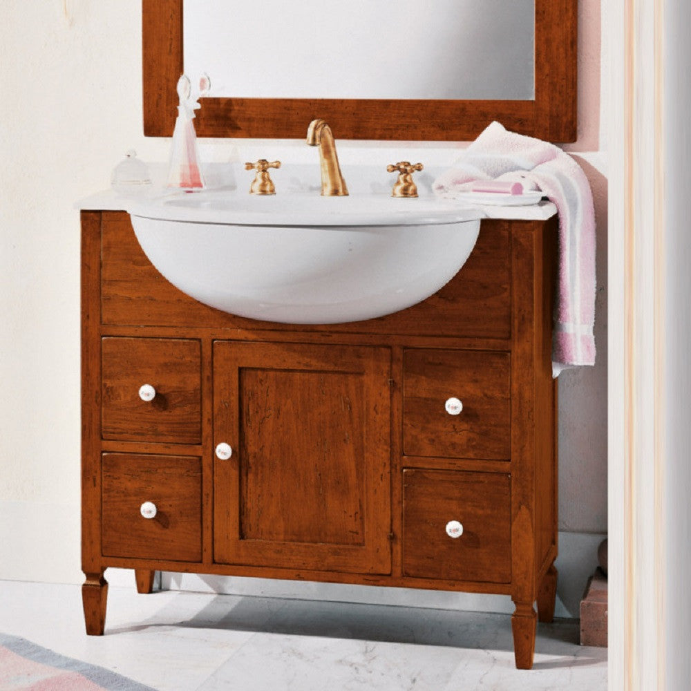 Mobile bagno 90 cm in legno lavabo 4 cassetti 1 porta e specchio