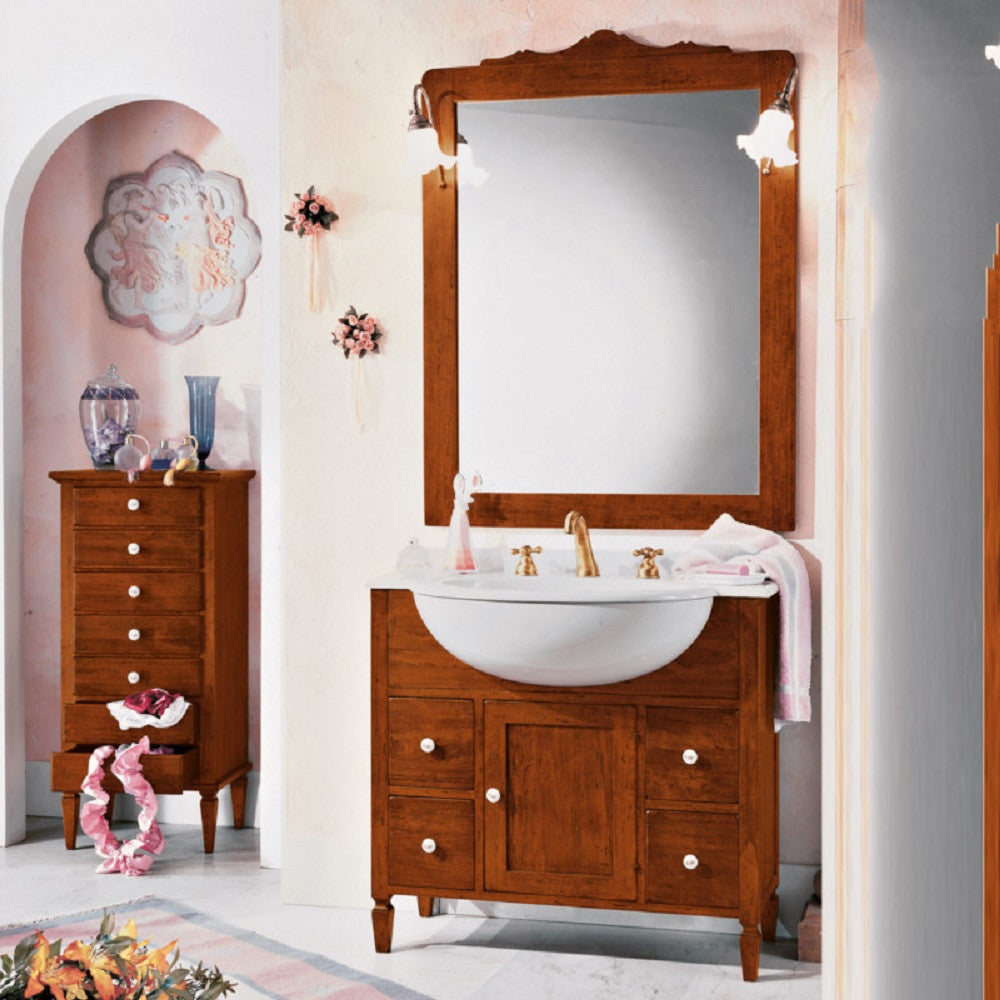 Mobile bagno 90 cm in legno lavabo 4 cassetti 1 porta e specchio