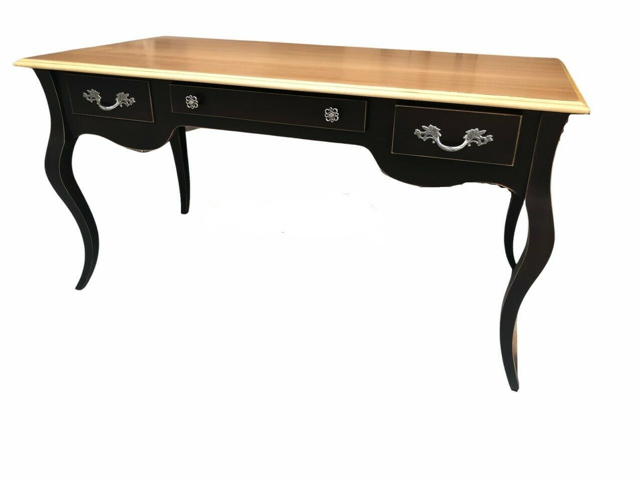 Scrivania luigi xv elegante laccata nera piano naturale 150x75x80