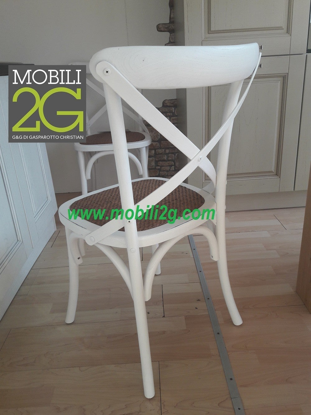 Set 2 sedie cross bistrot shabby vintage bianco olmo seduta rivestita rattan naturale modello