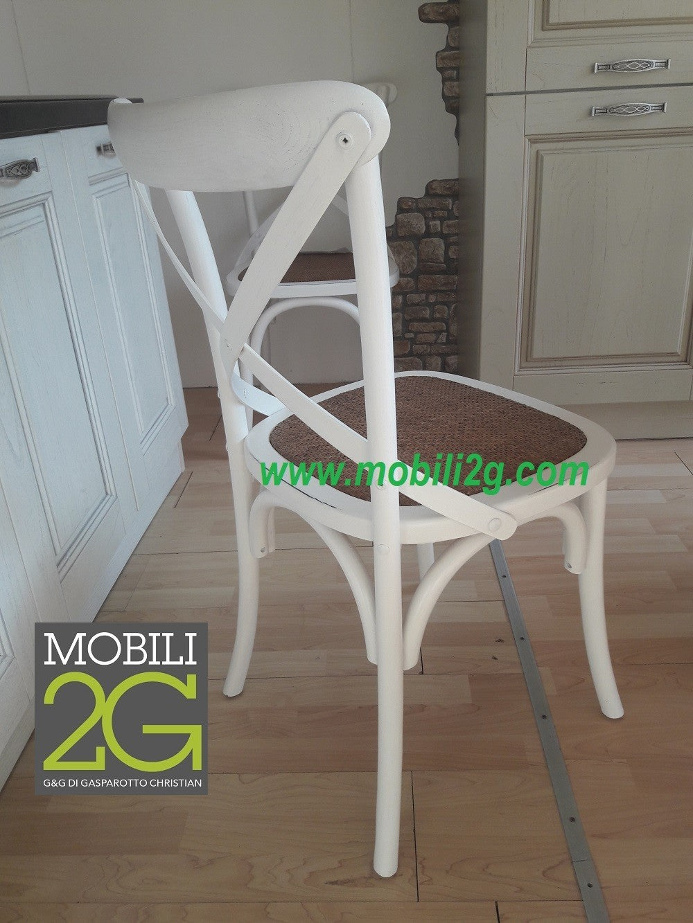 Set 2 sedie cross bistrot shabby vintage bianco olmo seduta rivestita rattan naturale modello