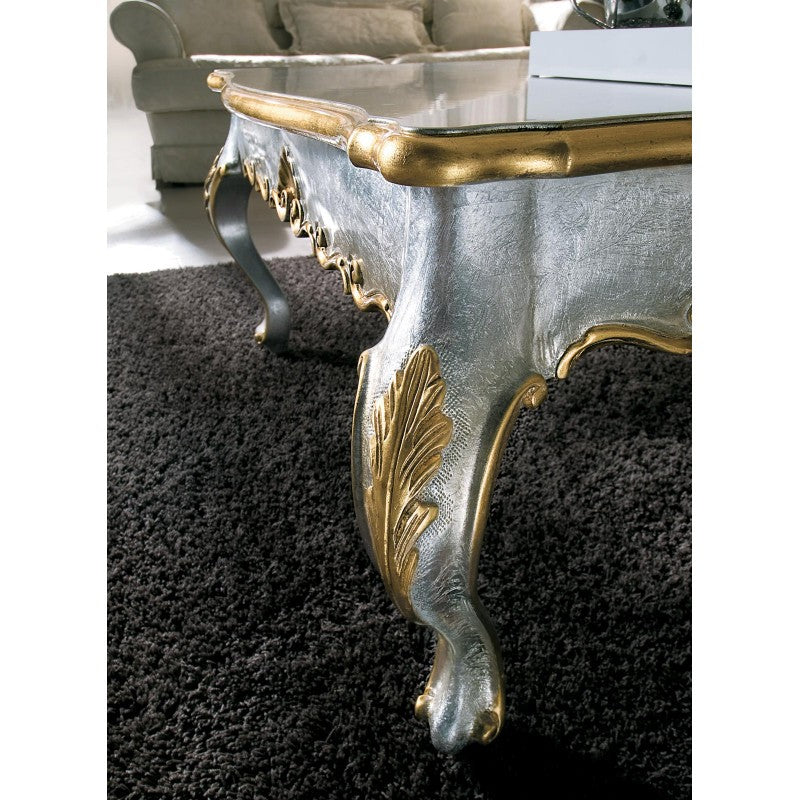 Tavolino quadrato classico foglia argento e oro legno 104x104x48 - Mobili 2G