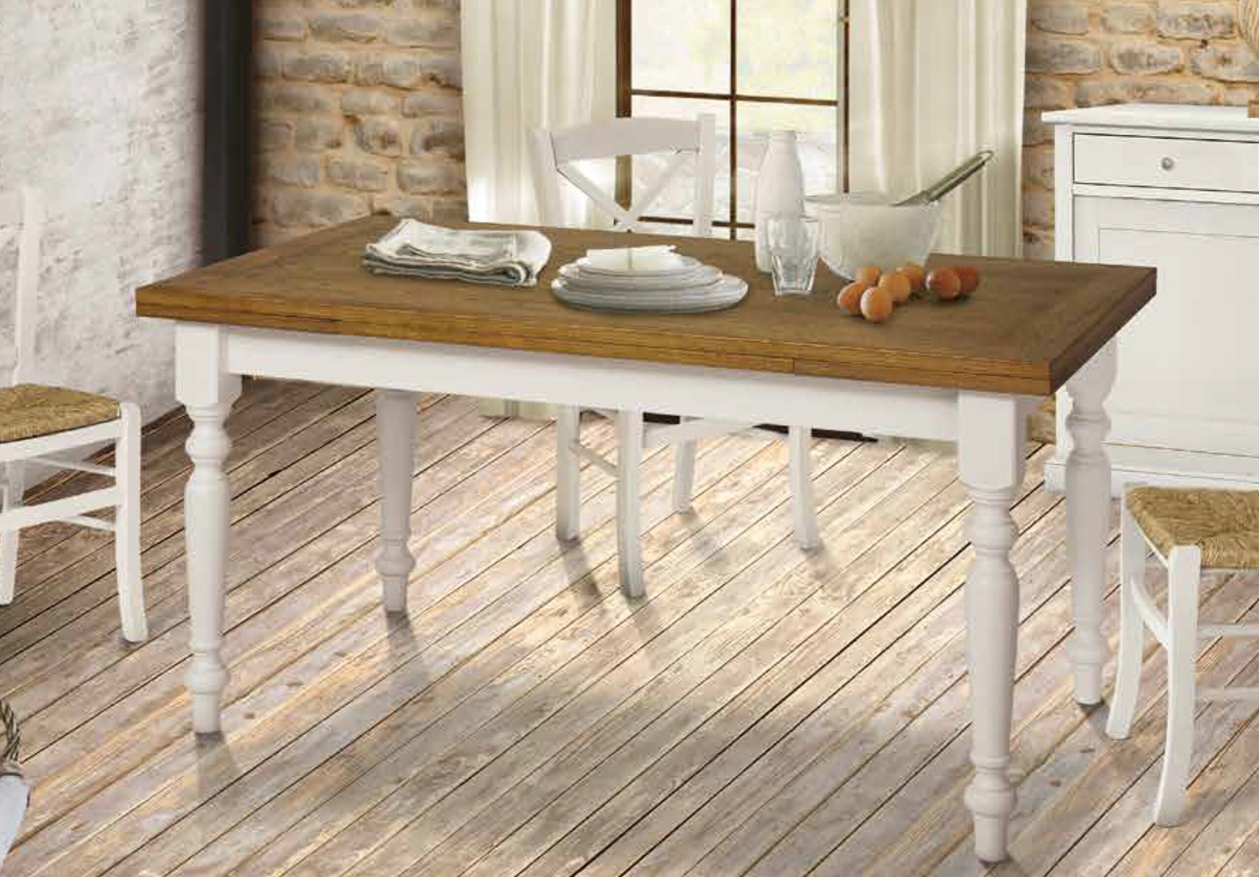 Tavolo da pranzo legno allungabile country chic piano rovere e bianco 140x85 h.78