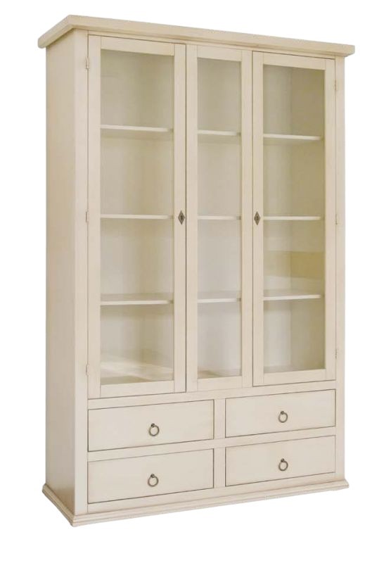 Vetrina 2 ante 4 cassetti in legno shabby avorio anticato 118x40x185 - Mobili 2G