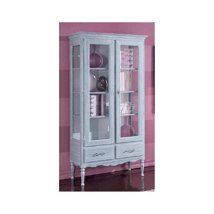 Vetrina 2 porte 2 cassetti in legno shabby azzurro l.102 p.42 h.191