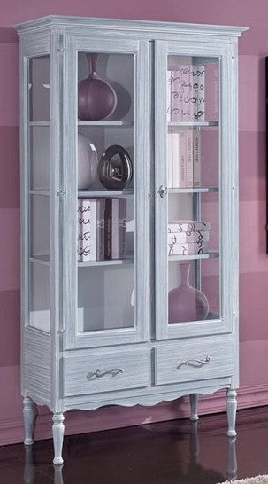 Vetrina 2 porte 2 cassetti in legno shabby azzurro l.102 p.42 h.191