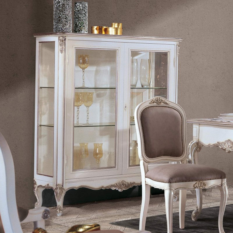 Vetrina 2 porte classica legno shabby bianco argento 130x50x150