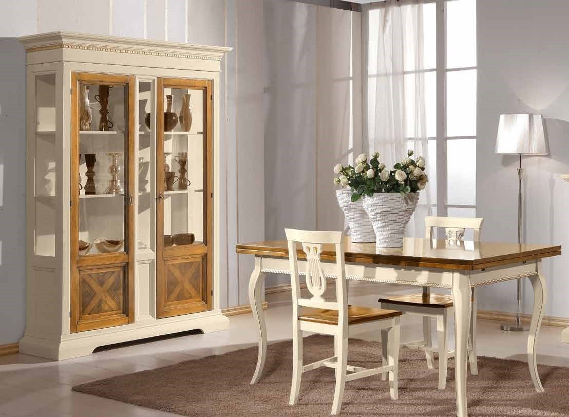 Vetrina 2 porte in legno classica avorio noce 146x53x213