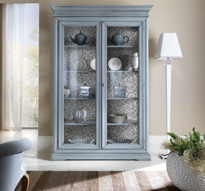 Vetrina 2 porte shabby chic azzurro in legno l.145 x p.50 h.215