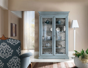 Vetrina 2 porte shabby chic azzurro in legno l.145 x p.50 h.215