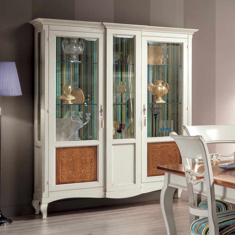 Vetrina classica 2 porte legno intarsio floreale bianco shabby 163x45x207 - Mobili 2G