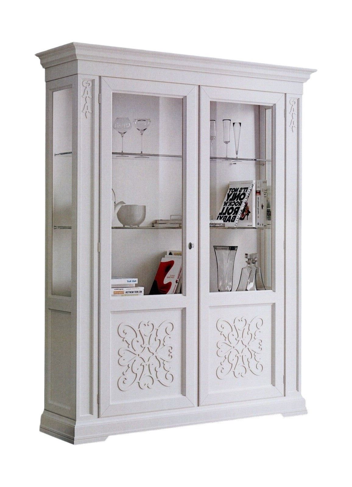 Vetrina classica decoro legno 2 porte shabby bianco 170x45x210