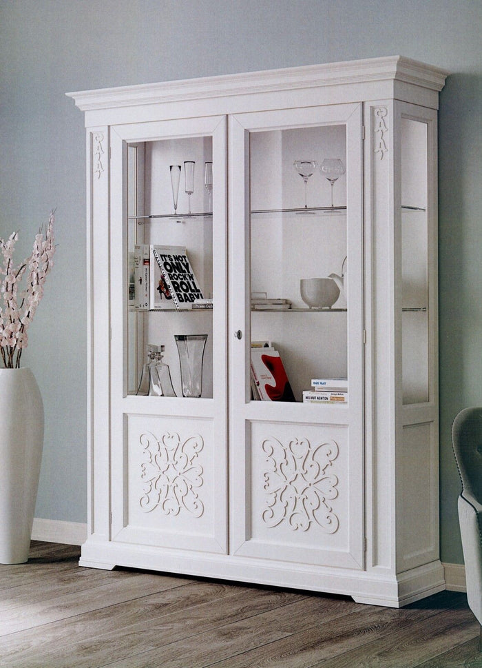 Vetrina classica decoro legno 2 porte shabby bianco 170x45x210