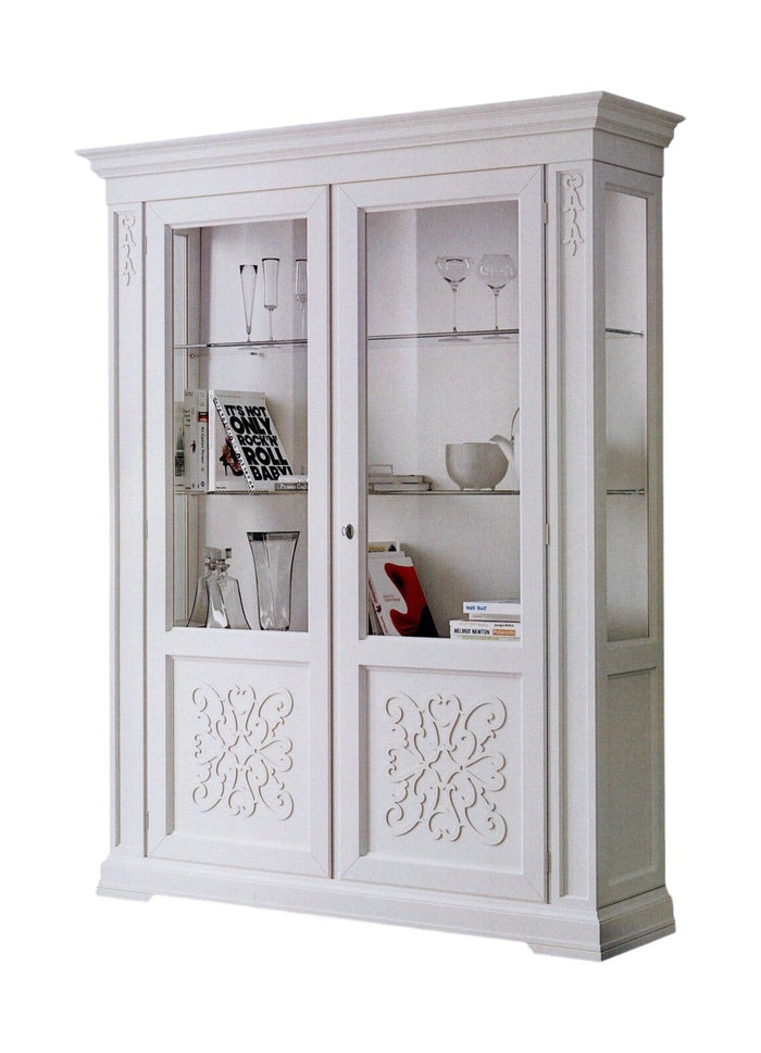 Vetrina classica decoro legno 2 porte shabby bianco 170x45x210