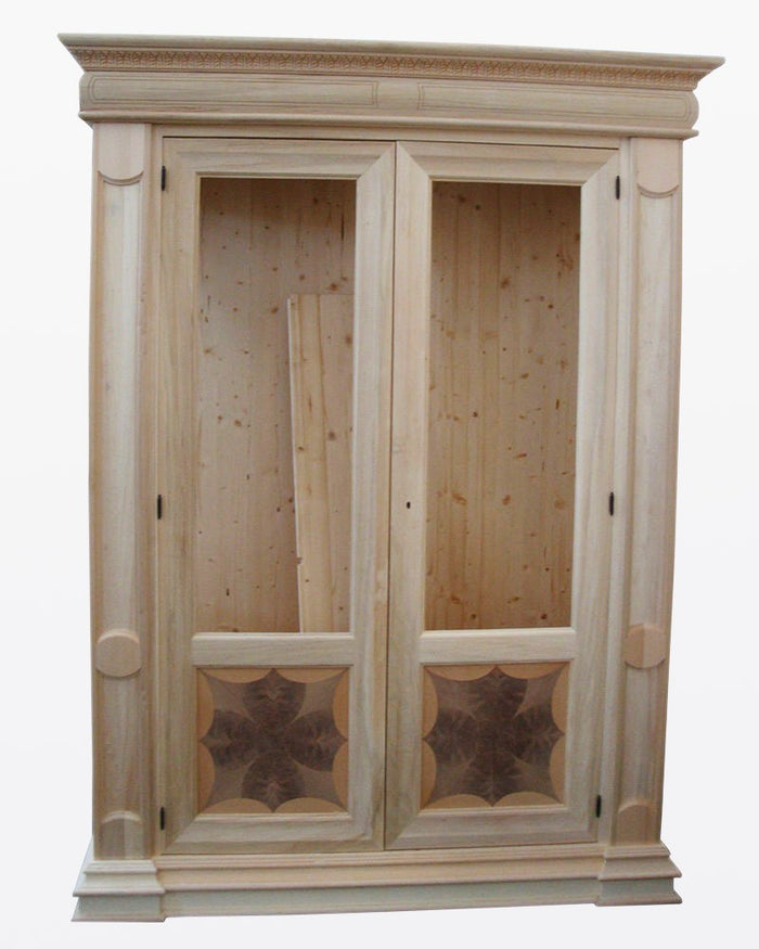 Vetrina grezza 2 porte intarsiata in legno 168x52x217