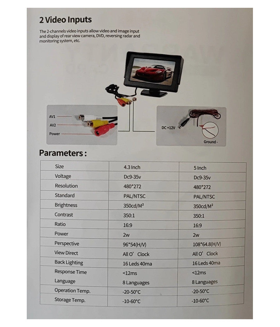 Monitor Per Auto Suv Camioncino Q-ca901 Da 5" Hd Av A Colori Tft-lcd Telecamera         