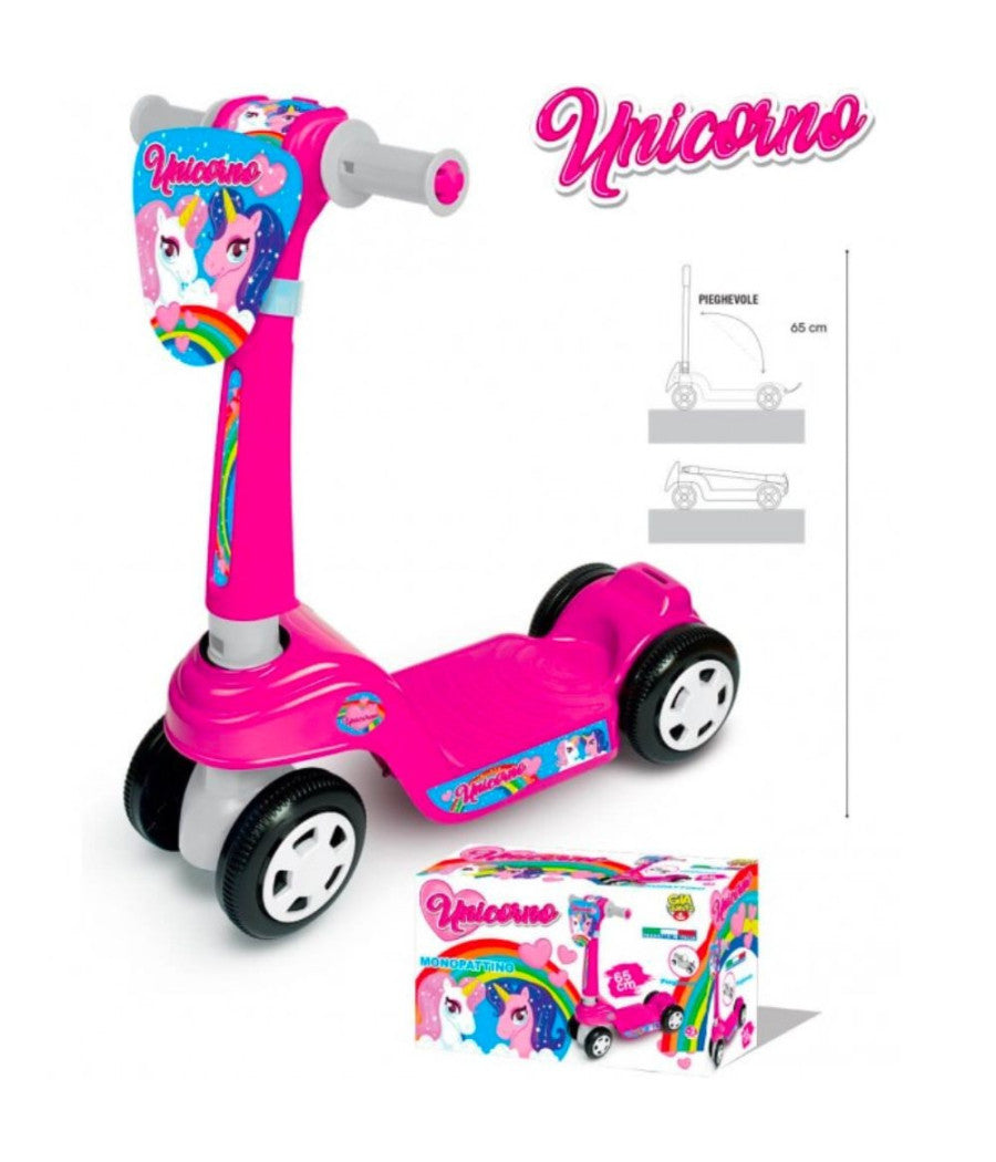 Monopattino Per Bambini A 4 Ruote Pieghevole Tema Unicorno Made In Italy Età  2+         