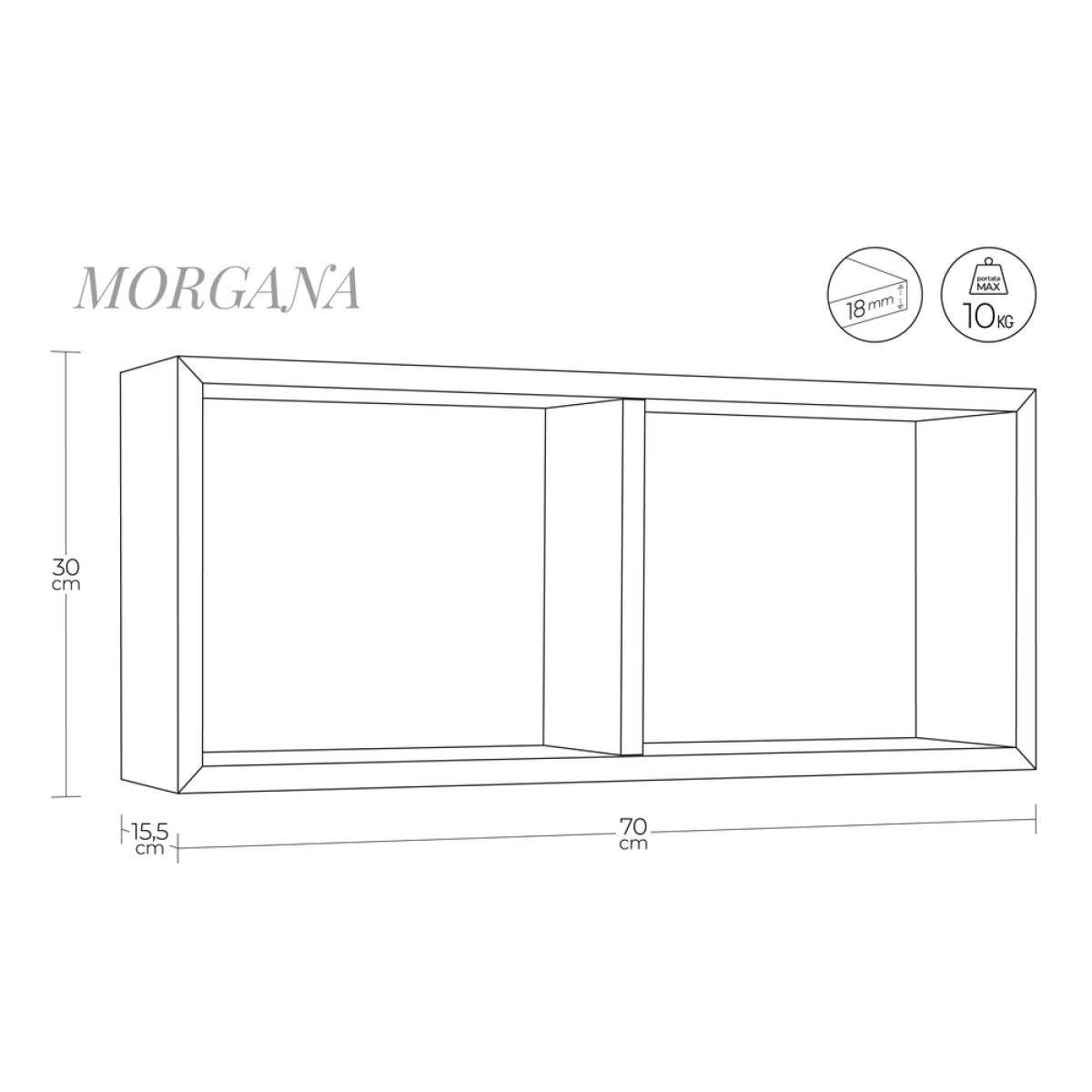 Mensola da Muro In Legno Di Design Modello MORGANA, Misure 15.5 x 70 x 30 cm. Finitura BIANCO - MADE IN ITALY