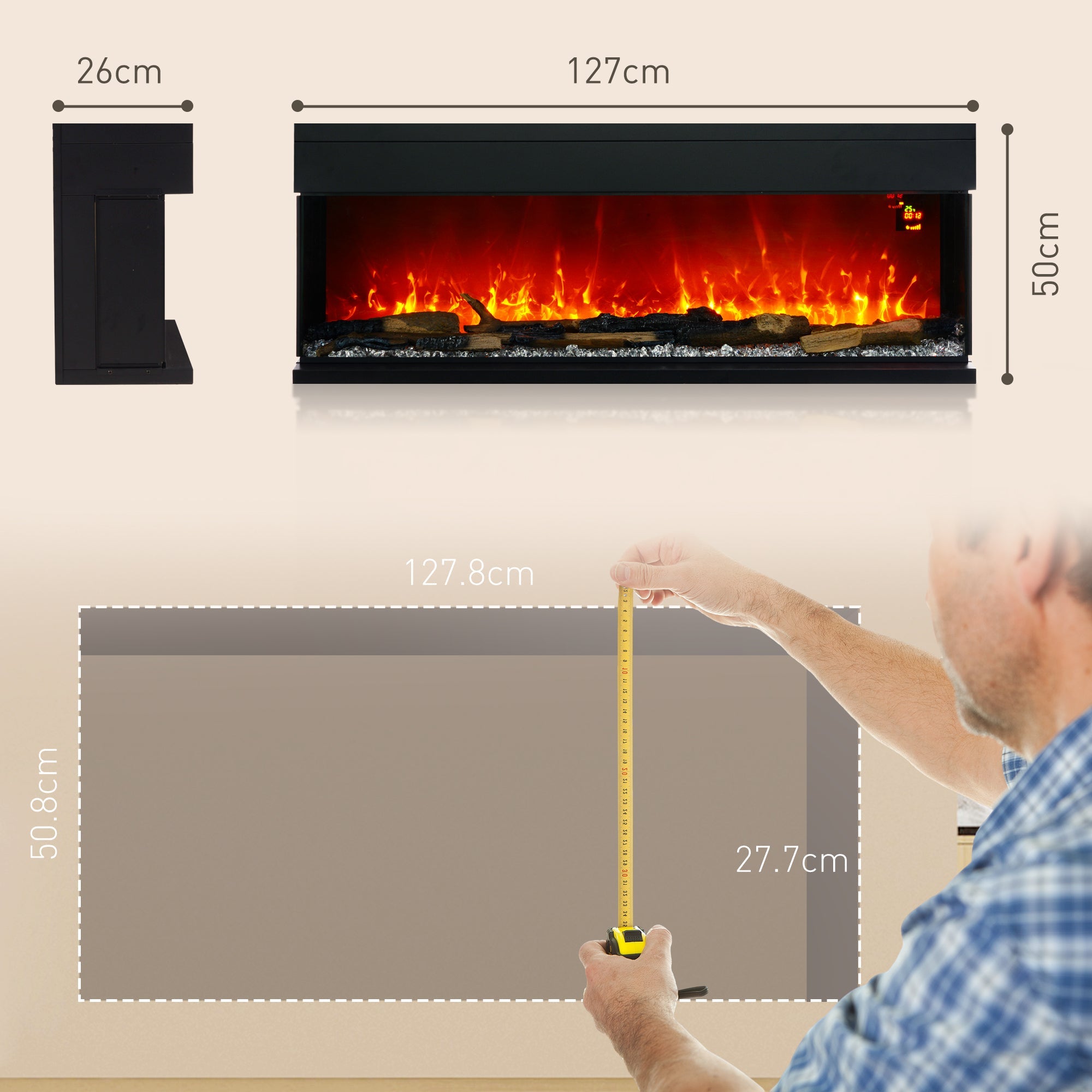 Camino Elettrico da Parete e da Incasso 1800W con Fiamme Colorate LED Nero