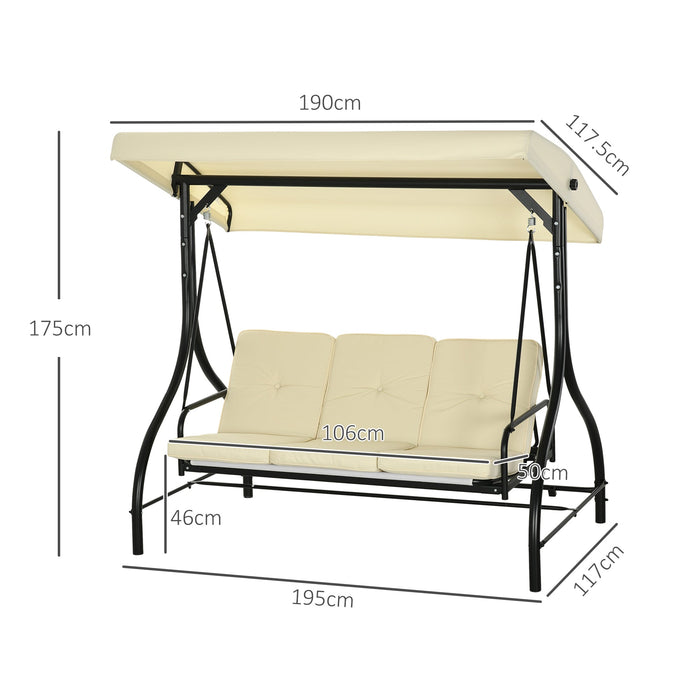 Dondolo da Giardino 3 Posti con Tettuccio Regolabile in Metallo e tessuto Teslin Beige e Nero