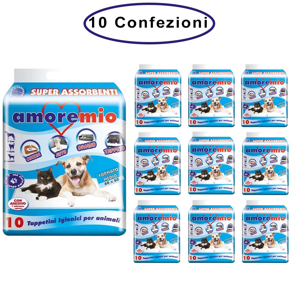 Amore mio tappetini igienici per cani cm 60x60 basic con polimeri 10 confezioni da 10 tappetini