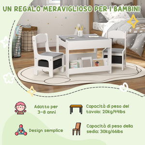 Set Tavolino per Bambini e 2 Sedie Piano del Tavolo 2 in 1 con Lavagna e Contenitori Grigio