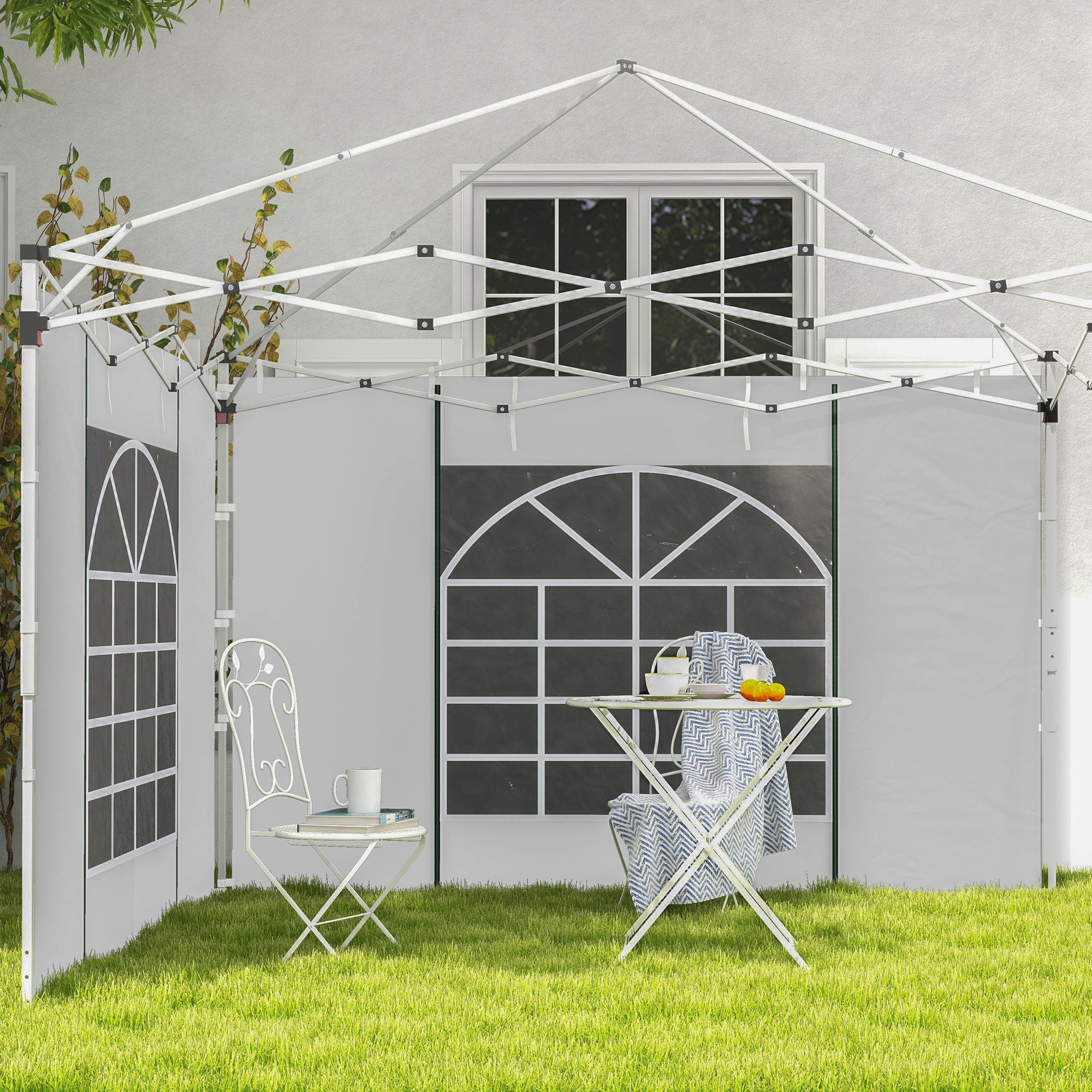 Set 2 Pareti 295x195 cm con Finestre e Tende Avvolgibili per Gazebo 3x3m e 3x6m Bianco