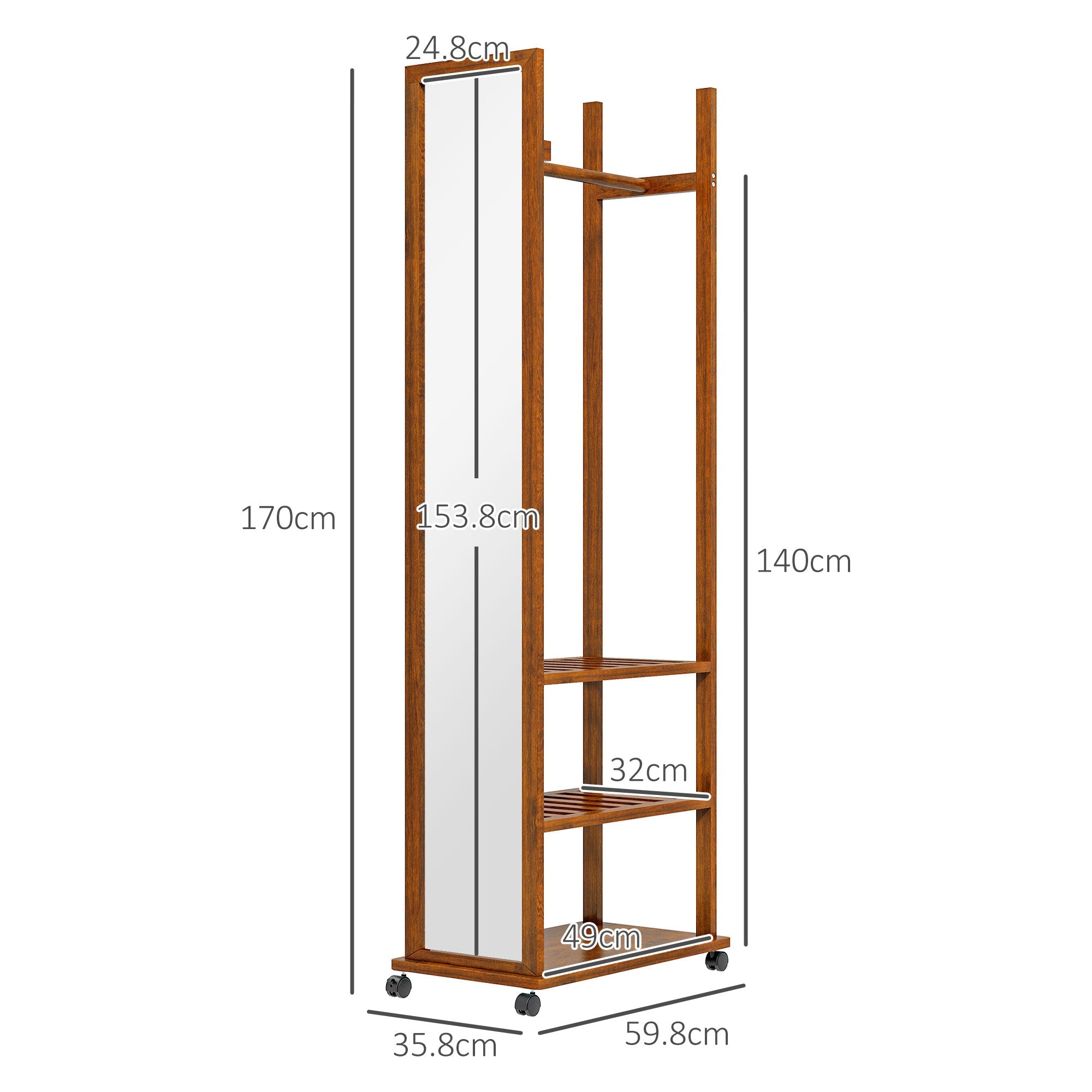 Specchio da Camera e Ingresso con 3 Ripiani Inferiori e Binario 35,8x59,8x170 cm in Legno e Vetro