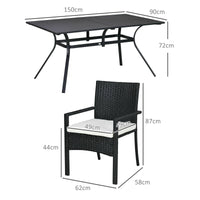 Set Tavolo e 6 Sedie da Giardino con Cuscini in Acciaio Rattan PE Nero e Beige