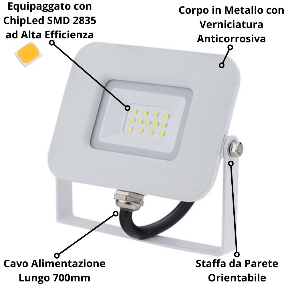 Proiettore led 10 watt slim metallo bianco impermeabile 5 anni garanzia temperatura 4500k bianco naturale