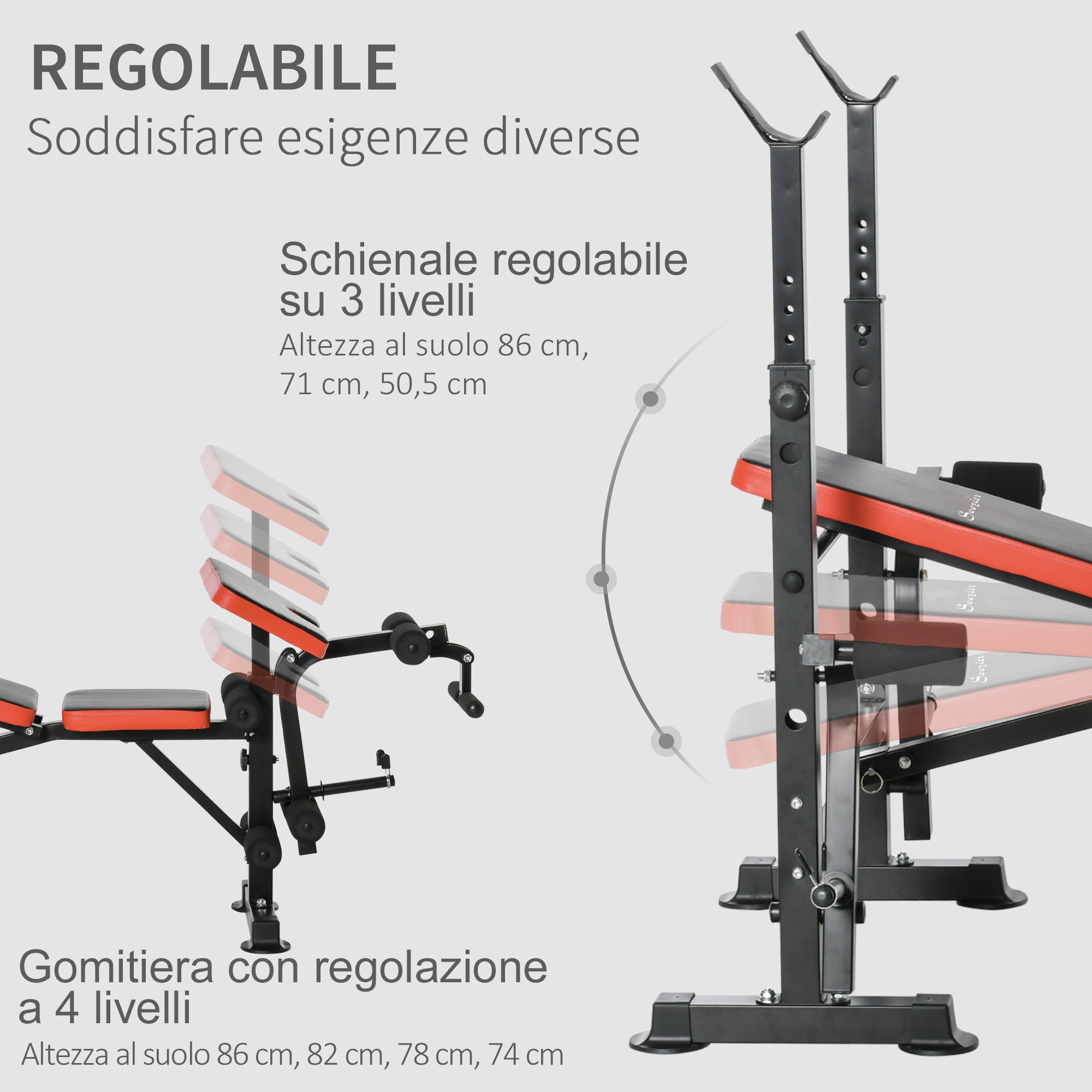 Panca Multifunzione Regolabile con Supporto per Bilanciere 175x139x127 cm in Acciaio e Plastica Rosso e Nero