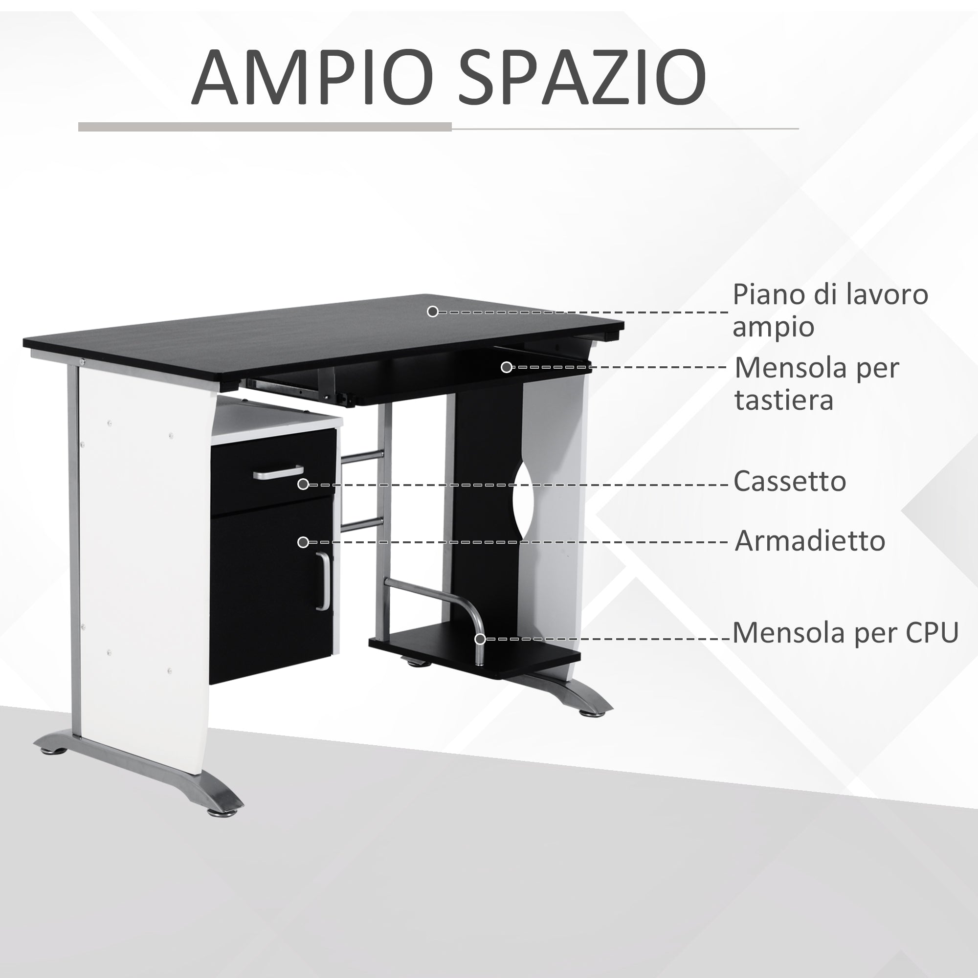 Scrivania per Computer con Ripiano Cassetto e Armadietto 100x52x75 cm in MDF e Ferro Bianca e Nera