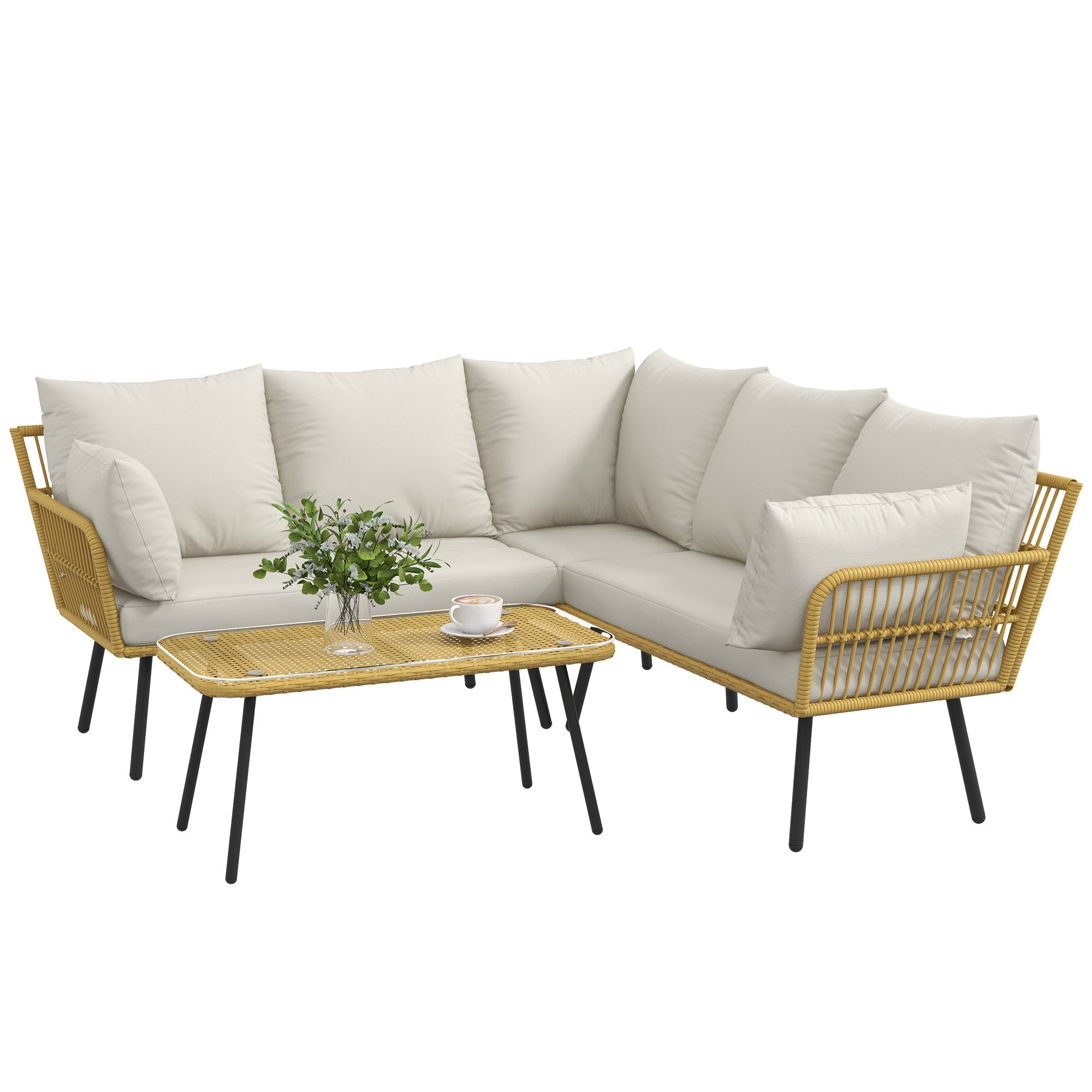 Set Salotto da Giardino Divano Angolare e Tavolino in Rattan e Poliestere Bianco Crema