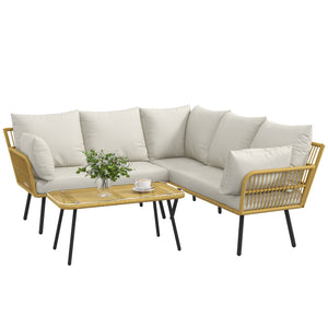 Set Salotto da Giardino Divano Angolare e Tavolino in Rattan e Poliestere Bianco Crema