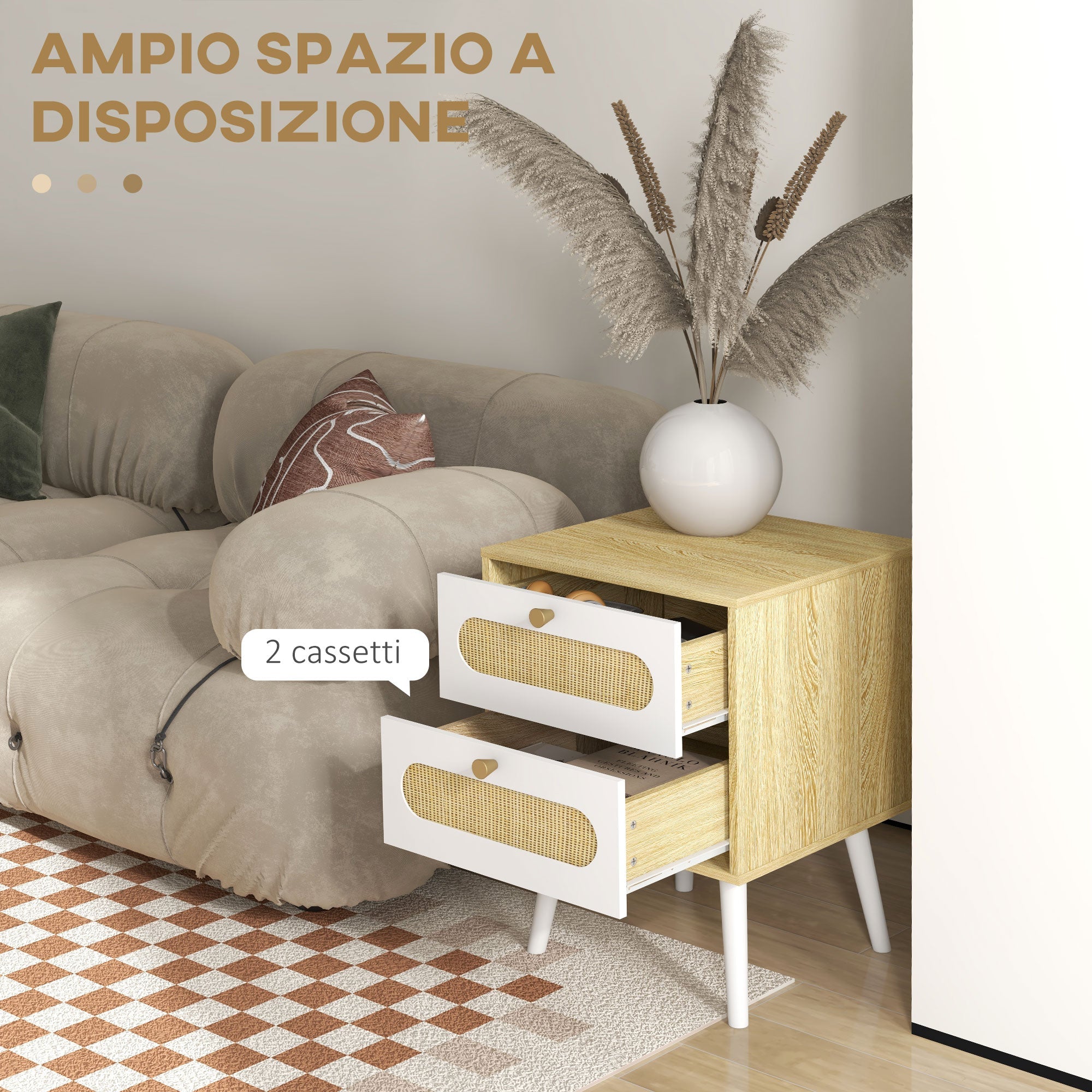 Set 2 Comodini 2 Cassetti 40x40x55 cm in Truciolato e MDF Rovere e Bianco