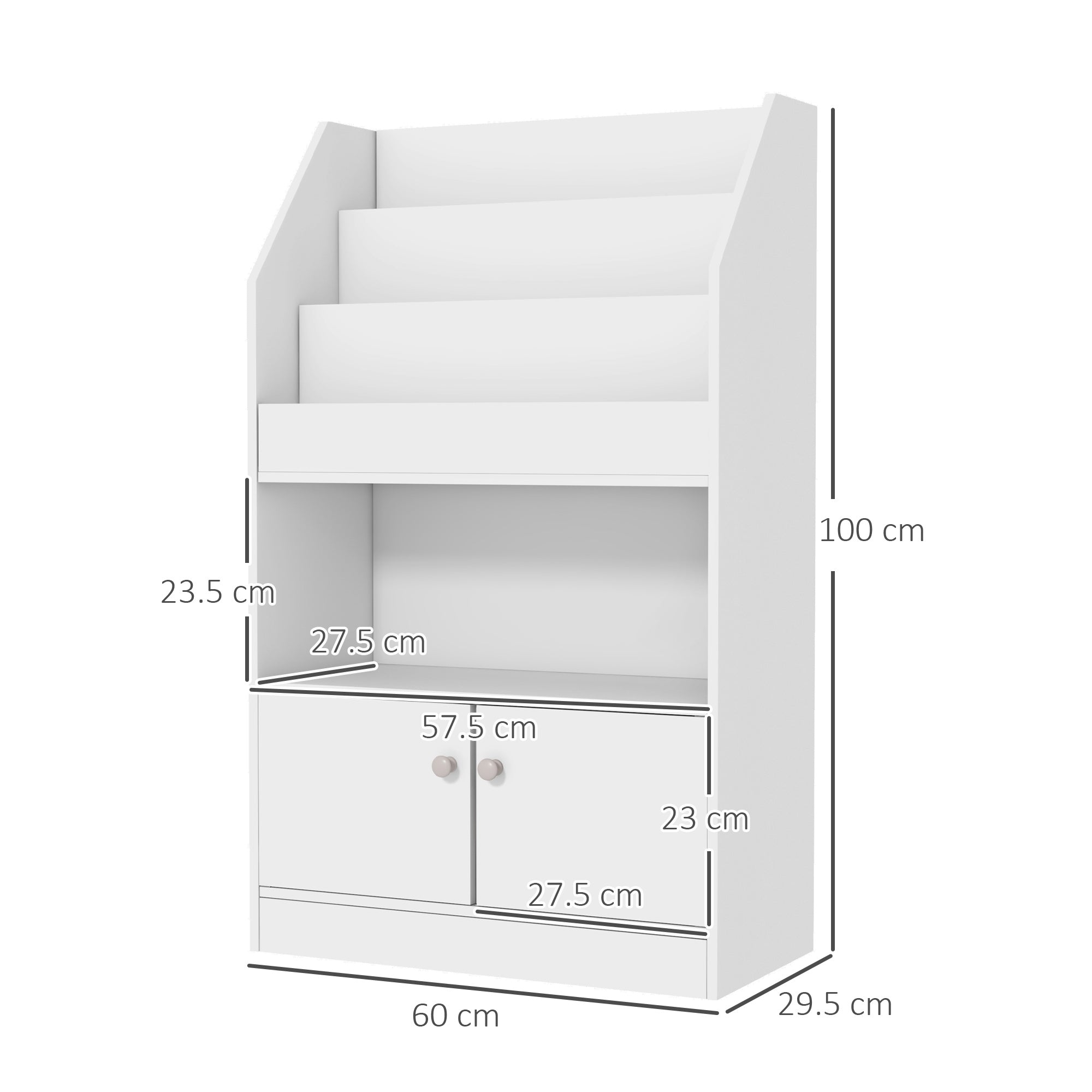 Scaffale Portagiochi per Bambini 60x29,5x100 cm con Libreria e Armadietto in Legno Bianco