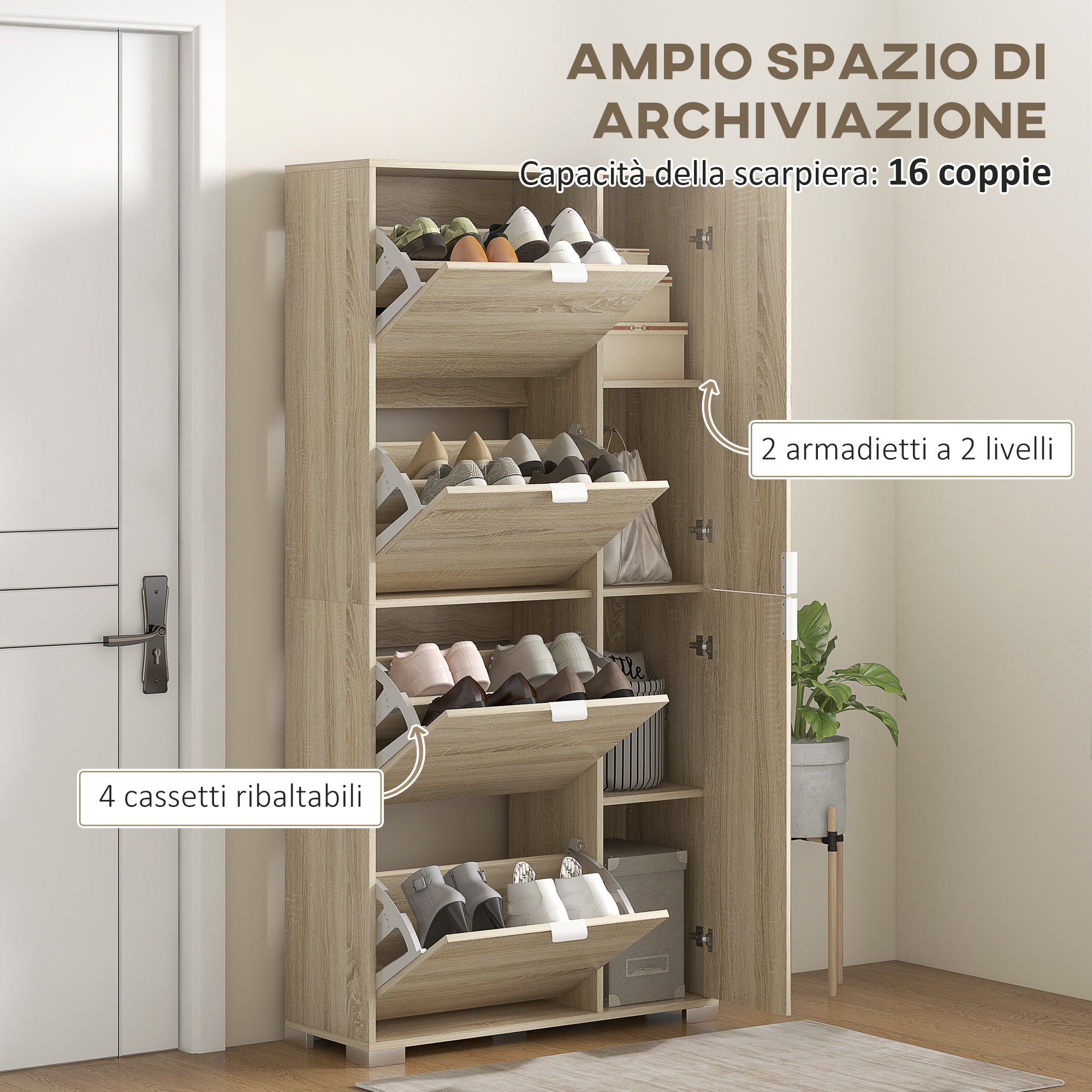 Scarpiera 4 Cassetti Ribaltabili e 2 Armadietti con Specchio 16 Paia di Scarpe 82x30x168 cm Rovere