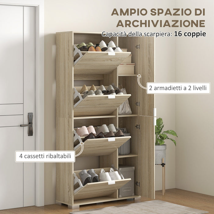 Scarpiera 4 Cassetti Ribaltabili e 2 Armadietti con Specchio 16 Paia di Scarpe 82x30x168 cm Rovere