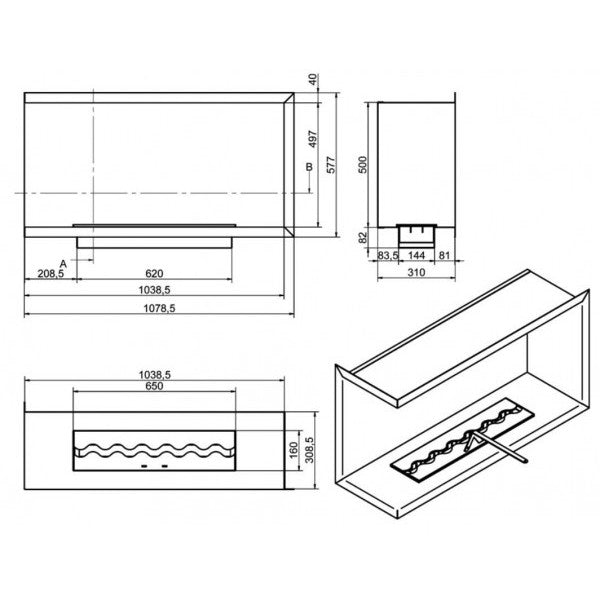 NILLA 1080 - Biocamino angolare caminetto a bioetanolo. Apertura - Sinistra - Bruciatore Onda 65cm / Capienza 4,4L