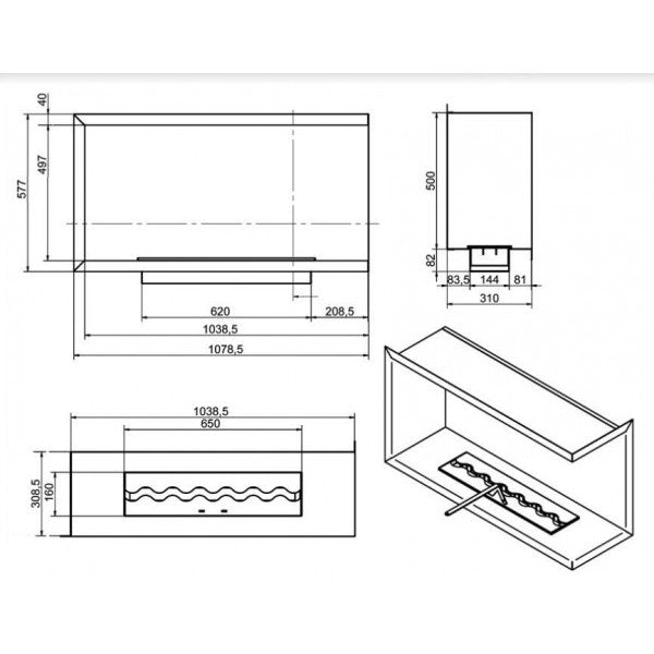 NILLA 1080 - Biocamino angolare caminetto a bioetanolo. Apertura Destra - Bruciatore Onda 65cm / Capienza 4,4L