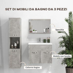 Mobile Bagno Sospeso 60 cm Lavabo Specchio e 1 Pensile Grigio