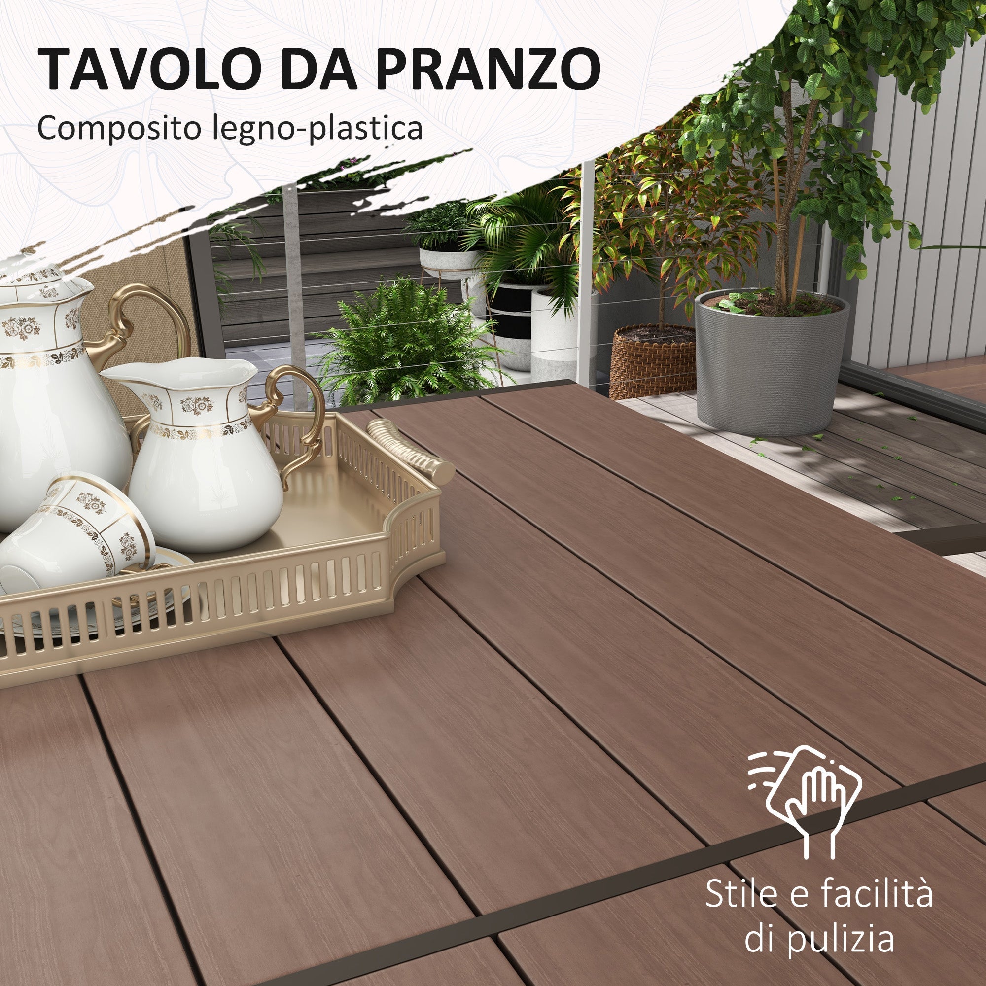 Set Tavolo e 6 Sedie Impilabili da Giardino in Plastica Kaki e Marrone