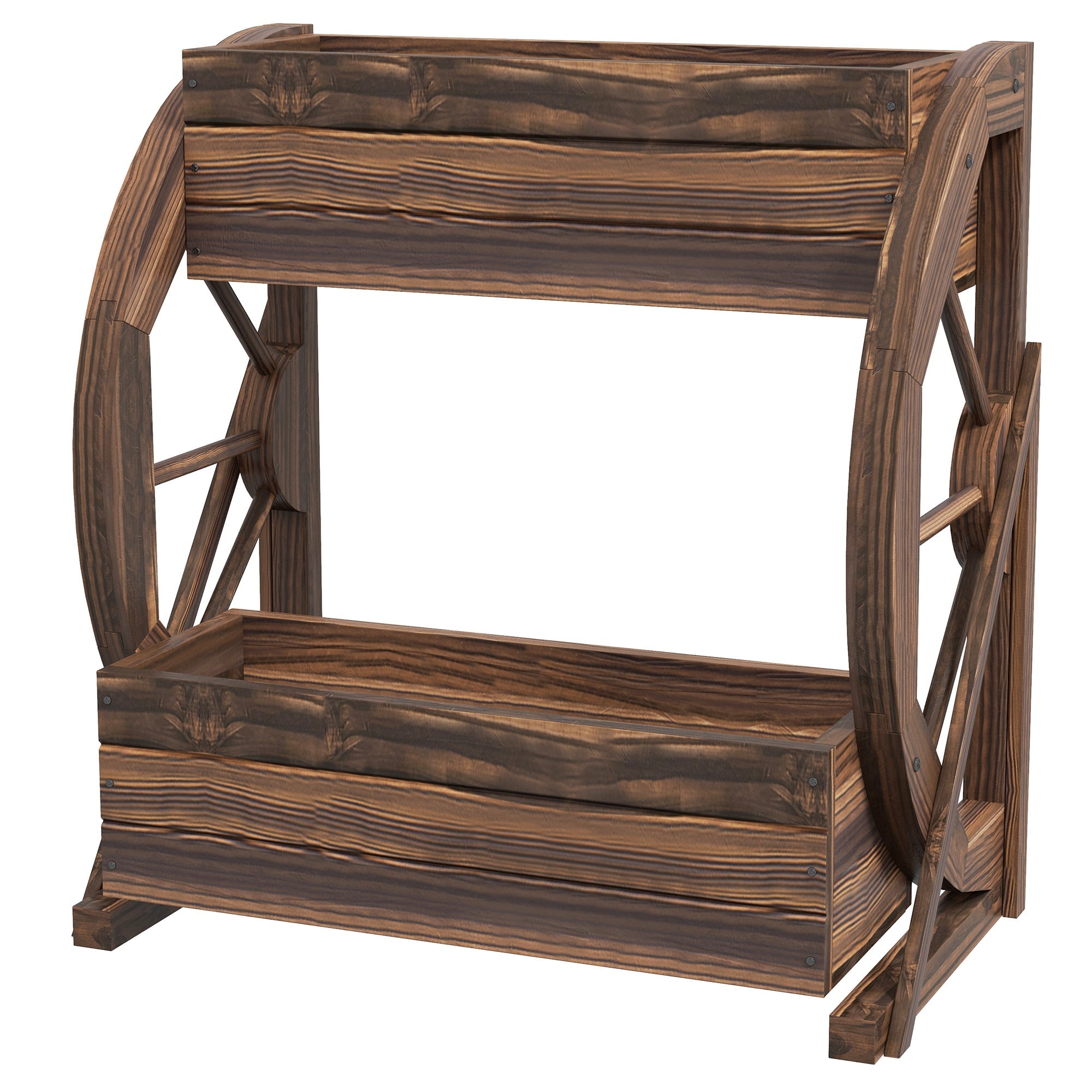 Fioriera da Esterno a 2 Livelli con 3 Vasi e Ruote di Carro Stile Country 55x32x56 cm in Legno Carbonizzato