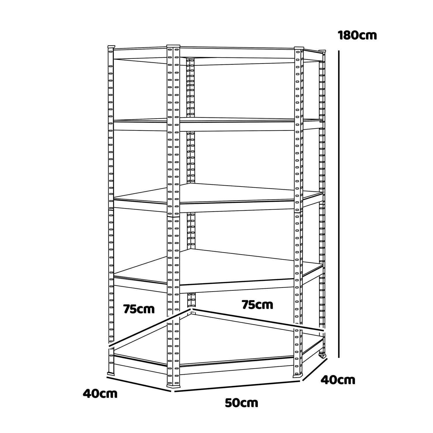 Nook - Scaffale angolare per carichi pesanti in metallo e MDF con 5 ripiani regolabili 180x75x40 cm