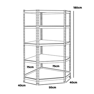 Nook - Scaffale angolare per carichi pesanti in metallo e MDF con 5 ripiani regolabili 180x75x40 cm