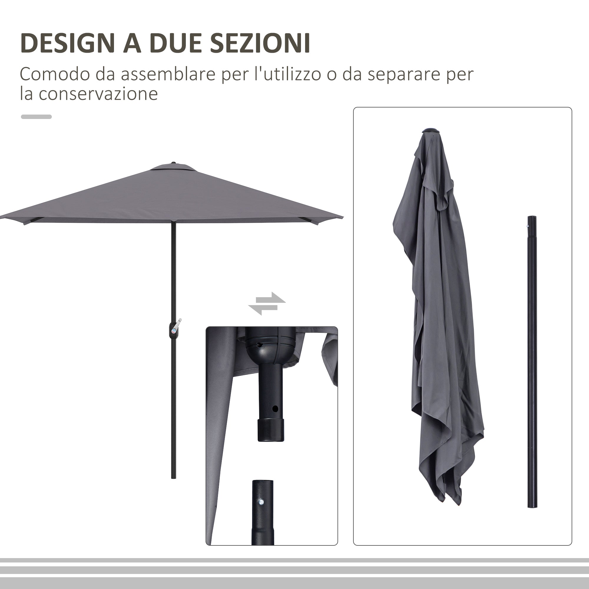 Mezzo Ombrellone da Giardino Mezzaluna 230 x130x245 cm con Apertura a Manovella Grigio