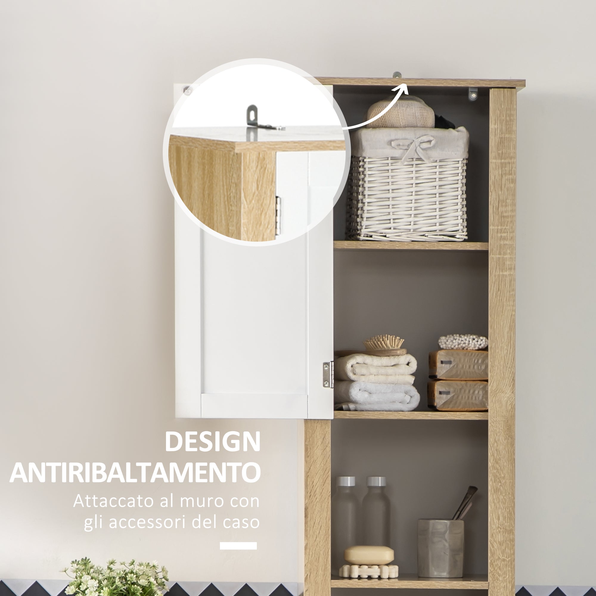 Mobile Bagno Alto 1 Cassetto 2 Armadietti 2 Ripiani 37x30x184 cm in Truciolato Bianco e Legno Naturale